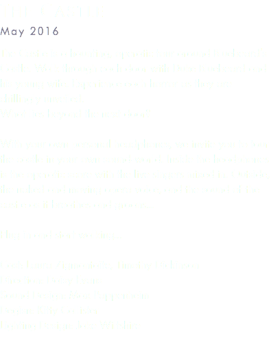 The Castle May 2016 The Castle is a haunting, operatic tour around Bluebeard's Castle. Walk through each door with Duke Bluebeard and his young wife. Experience each horror as they are chillingly unveiled. What lies beyond the next door? With your own personal headphones, we invite you to tour the castle in your own sound-world. Inside the headphones is the operatic score with the live singers mixed in. Outside, the naked and moving opera voice, and the sound of the castle as it breathes and groans... Plug in and start walking... Cast: Laura Zigmantaite, Timothy Dickinson Direction: Daisy Evans Sound Design: Max Pappenheim Degisn: Kitty Callister Lighting Design: Jake Wiltshire 